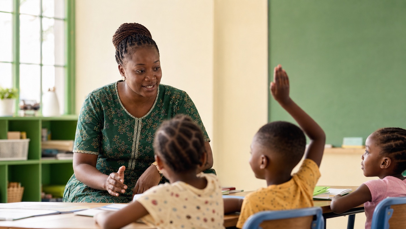 A teacher leading a bright, colorful classroom